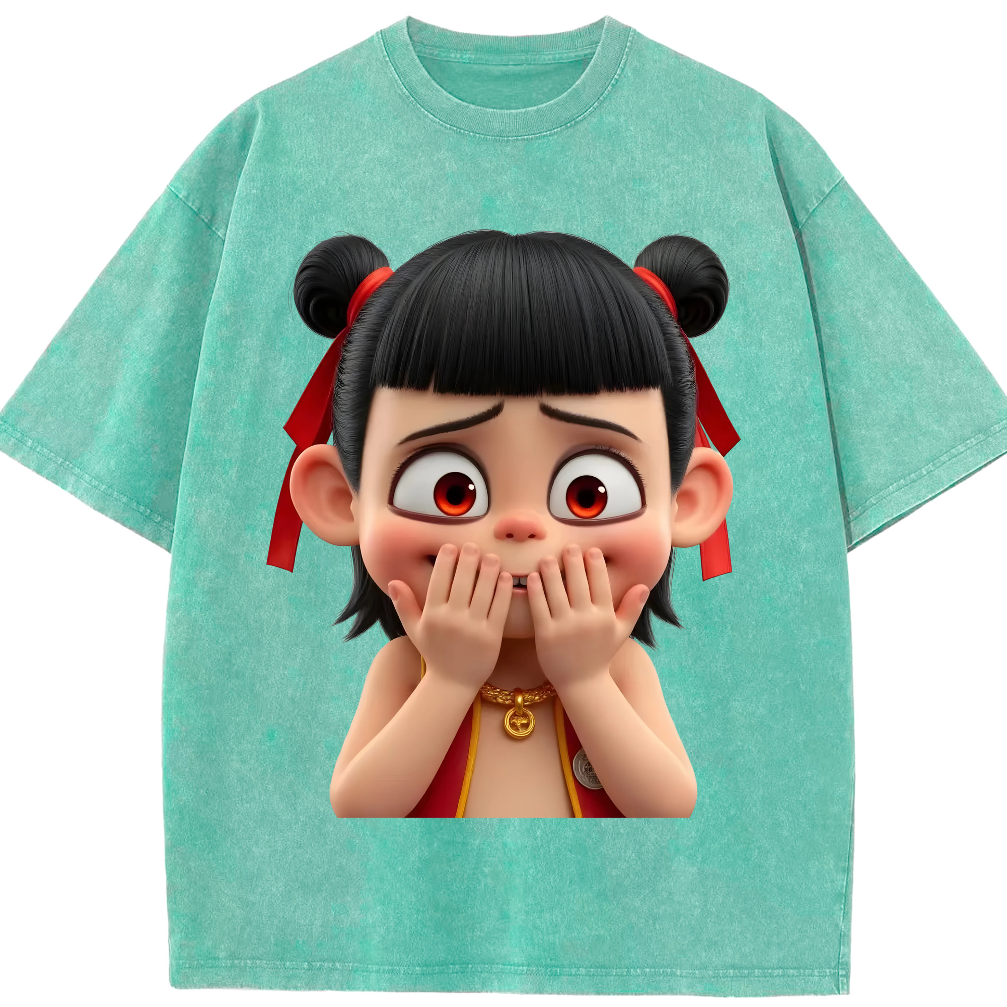 （画像用） Ne Zha 2 ナタ 魔童の大暴れ 綿100% ヴィンテージ風 半袖Tシャツ（フロントプリント）